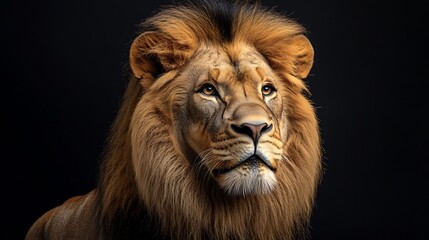 Fototapeta premium Portrait of a majestic lion with a regal mane on a dark background