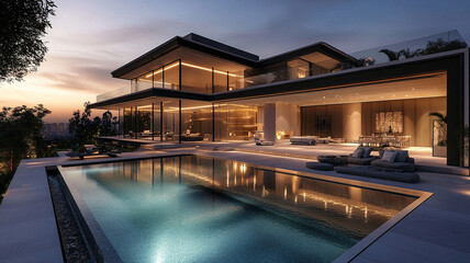 Fototapeta premium Modern luxury mansion with rooftop infinity pool at sunset