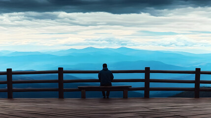 Photo Of Man Sitting On A Bench Overlooking Blue Mountains And Cloudy