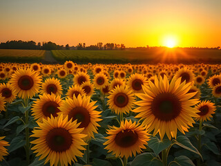 Fototapeta premium Stunning Sunset Over Sunflower Field Vibrant Landscape, Golden Hour, Rural Scenery, Agricultural Beauty.