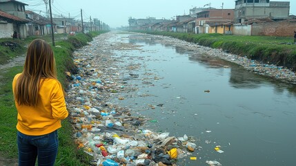 Obraz premium Polluted river with plastic waste and debris, as a community unites for cleanup efforts