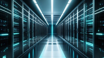 Obraz premium Futuristic data center with glowing server racks, advanced cooling systems and cybersecurity interfaces, ultra-modern setting