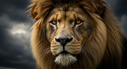 Fototapeta premium Majestic Lion Portrait Against a Stormy Sky