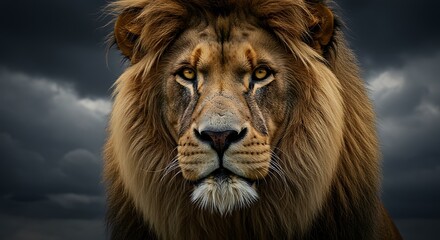 Fototapeta premium Majestic Lion Portrait Against a Stormy Sky