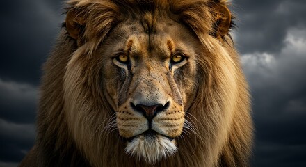 Fototapeta premium Majestic Lion Portrait Against a Stormy Sky
