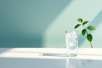 Refreshing Iced Water in Glass on White Surface with Sunlight and Greenery