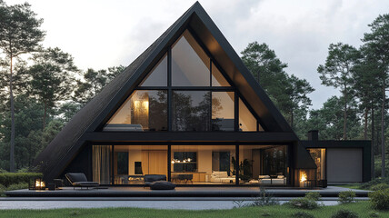 Fototapeta premium Modern frame house with black steel roof in forest setting