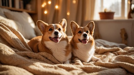Corgis Lying on Bed with Blanket and String Lights in Room