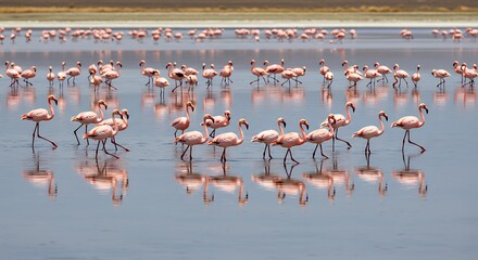 Fototapeta premium Majestic Flamingos Reflecting on Serene Waters
