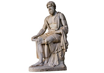 Greek statue of an ancient man sitting isolated on transparent or white background