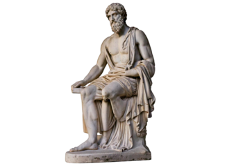 Greek statue of an ancient man sitting isolated on transparent or white background