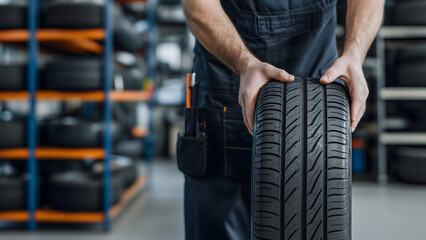 Mechanic Holding Brand New Tire on Garage Showing Auto Repair and Maintenance