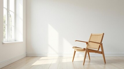 Light floods a minimalist room, illuminating a single, light-wood chair with woven seat
