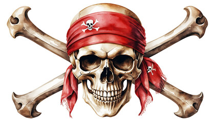 Pirate Skull with Crossbones and Red Bandana Illustration on White