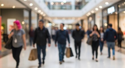 Blurred shopping mall with people browsing stores, perfect for retail or consumer content.