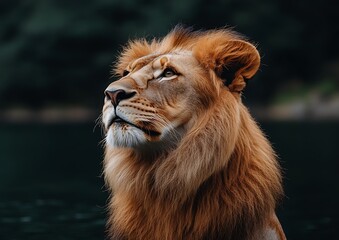 Fototapeta premium A Majestic Male Lion Gazing Upward At An Unknown Prospect