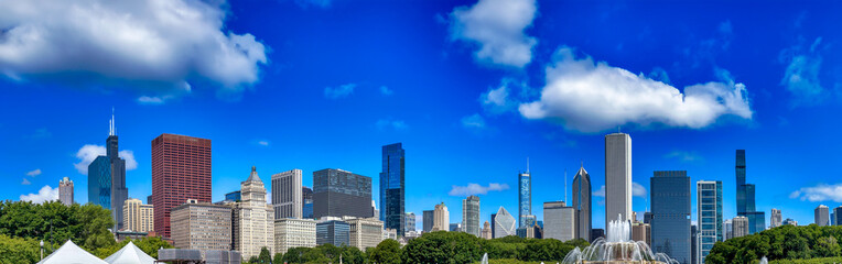Panoramic view of Downtown Chicago skyline from Grant Park on a summer day