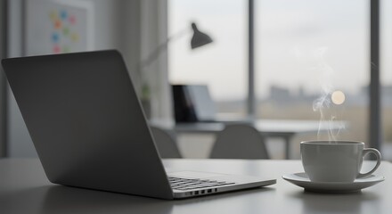 Fototapeta premium Modern office workspace with laptop and steaming coffee cup, perfect for business or productivity content.