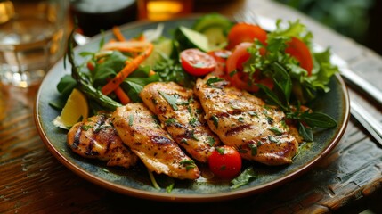 Plate of grilled chicken and vegetables for a fasting meal