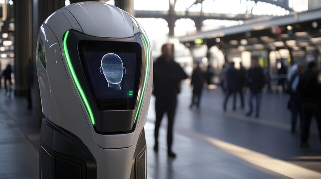 Futuristic robot facial recognition at train station - Powered by Adobe
