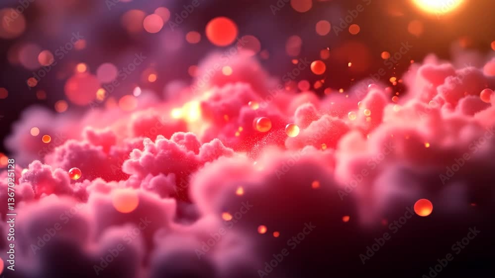 Wall mural ethereal pink clouds with glowing particles and soft bokeh background creating magical and dreamy am