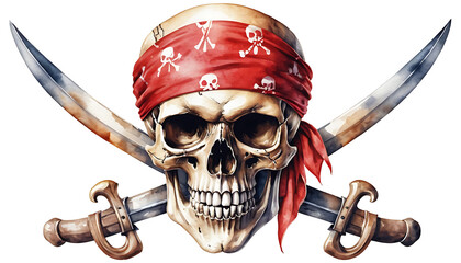 Pirate Skull with Red Bandana and Crossed Swords Illustration Art