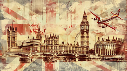 Fototapeta premium Artistic vintage illustration of London landmarks with Union Jack and warplane