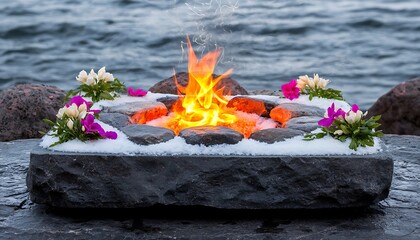 Coastal Stone Fire Pit with Winter.