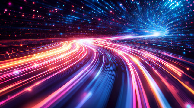Colorful glowing data stream in a futuristic high-speed digital tunnel with vibrant neon light trails and dynamic motion representing fast internet, fiber optics, and high-tech virtual environments