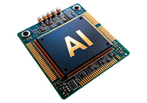A macro shot of a 3D AI microchip, isolated on transparent or white background