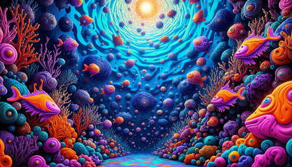 Fluorescent fish swimming in vibrant coral reef, ocean conservation