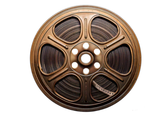 Vintage film reel with film strip, showcasing cinematic history and nostalgia isolated on a transparent or white background.