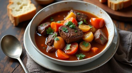 Top view of a winter stew with rich beef, root vegetables, and thick broth served in a white ceramic bowl, styled with torn bread, a ladle, and cozy knit napkin on a worn wood table