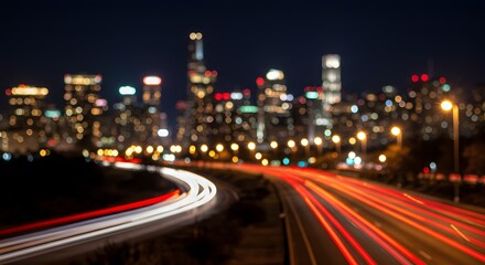 Fototapeta premium A highway at night with light trails and a illuminated city skyline in the background, perfect for transportation or urban themes. blur