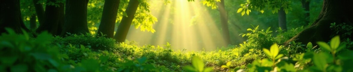 Obraz premium Soft sun rays filter through lush green foliage, illuminating the forest floor with dappled light patterns, forest floor, natural light, nature photography