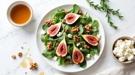 Top view of a modern salad composition with figs, arugula, goat cheese, and walnuts drizzled in honey vinaigrette