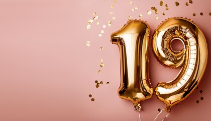 Banner with 19 number golden balloons with pastel background, copy space. Generated image