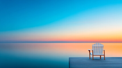 A serene view of an empty chair on a dock, overlooking calm waters under a vibrant sunrise or sunset sky.