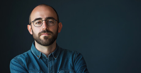 Obraz premium Confident Young Man in Denim Shirt with Arms Crossed Against Dark Background