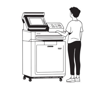 recommend clip art: Man using photocopy machine vector illustration. Workplace copier machine black and white design.