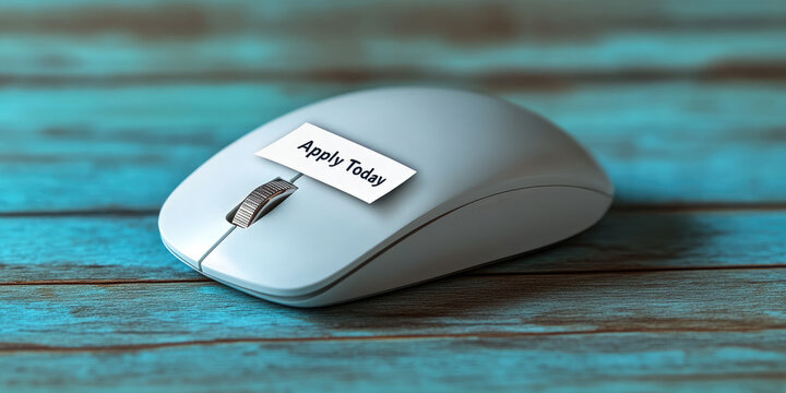 Computer mouse on a blue wooden surface with an "Apply Today" label on the button. Use for job boards, career advice, and online application websites - Powered by Adobe