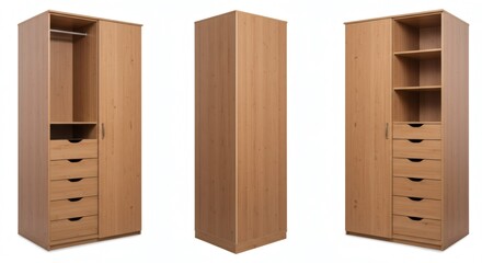 Modular wooden wardrobe with drawer and shelf options - professional stock photography for the furniture industry, perfect for showcasing customizable storage
