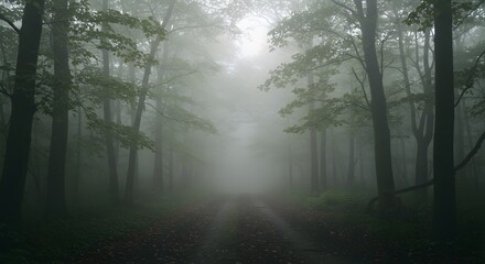 Obraz premium Misty forest path with atmospheric lighting - premium stock photography for travel and nature industries, ideal for evoking tranquility