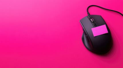 A simple photo of a black computer mouse with a pink sticky note on a vibrant pink background. This image is perfect for websites or blogs about technology, productivity, reminders, or office supplies