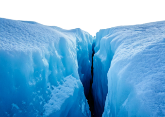 Deep ice crevasse in a frozen arctic landscape with sharp, vertical icy formations, isolated on transparent or white background