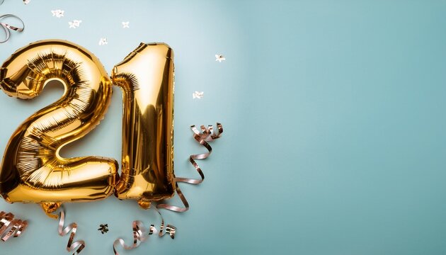 Banner with 21 number golden balloons with pastel background, copy space. Generated image