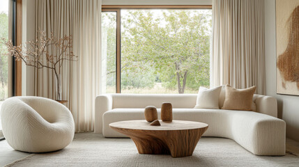 Bright living room with large open window and round wooden coffee table, natural light ambience