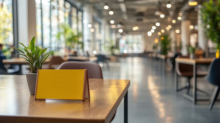 A blank yellow table tent or sign card placed on a wooden table in a brightly lit, blurred background of a modern cafe or restaurant. Ideal for hospitality, menu, promotion, and interior design sites.