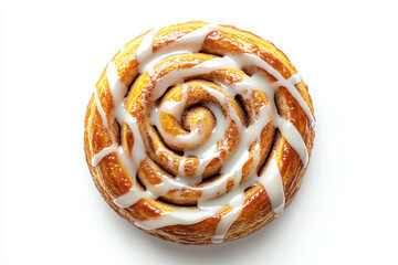 a cinnamon roll with icing on a white surface