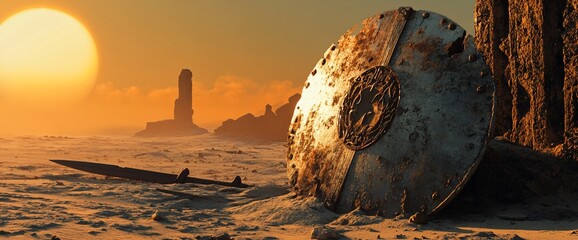 Lost relics in the desert landscape bathed in the sunset's golden light